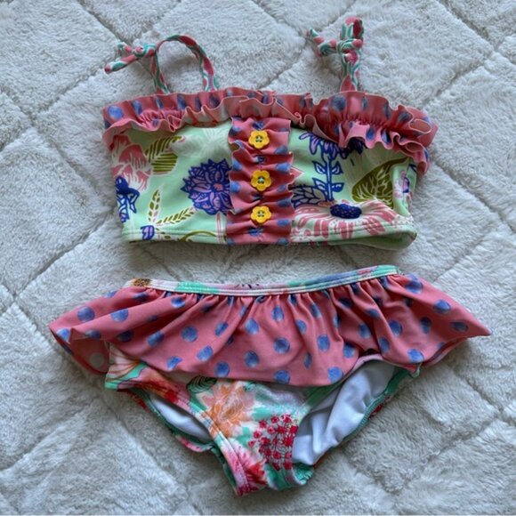 Matilda Jane | Aqua & Pink Floral Cannonball & Seashells Bikini Set | Size 4 - Picture 6 of 12